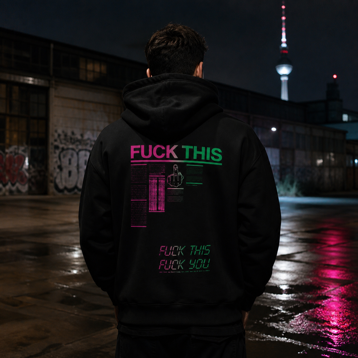 Fuck This Hoodie von NiZED mit pink-grünem Rückenprint am männlichen Model – KI-generierte Darstellung