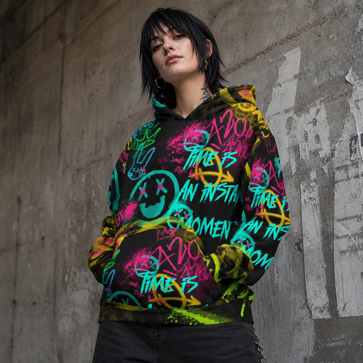 Funky Graphic Hoodie von NiZED mit neonfarbenem Alloverprint am weiblichen Model – KI-generierte Darstellung