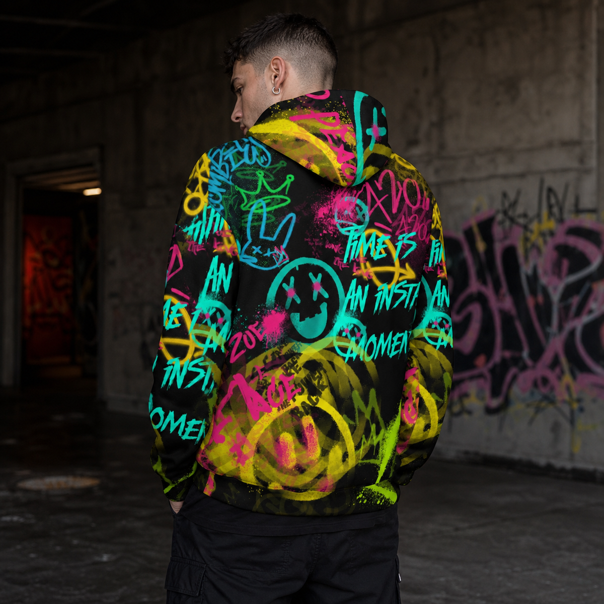 Funky Graphic Hoodie von NiZED mit neonfarbenem Alloverprint am männlichen Model – KI-generierte Darstellung