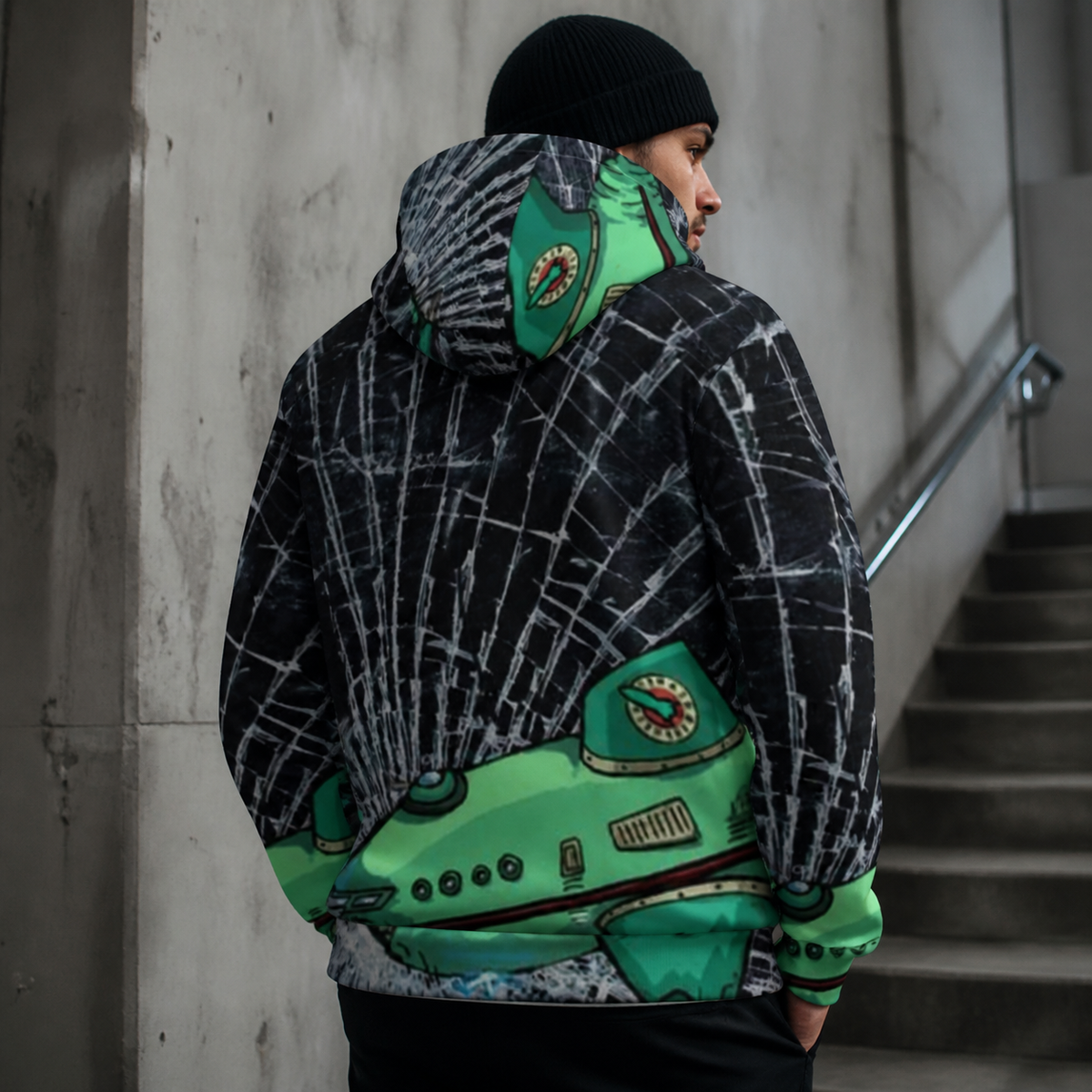 Futurama Graphic Hoodie von NiZED mit Raumschiff-Alloverprint am männlichen Model – KI-generierte Darstellung
