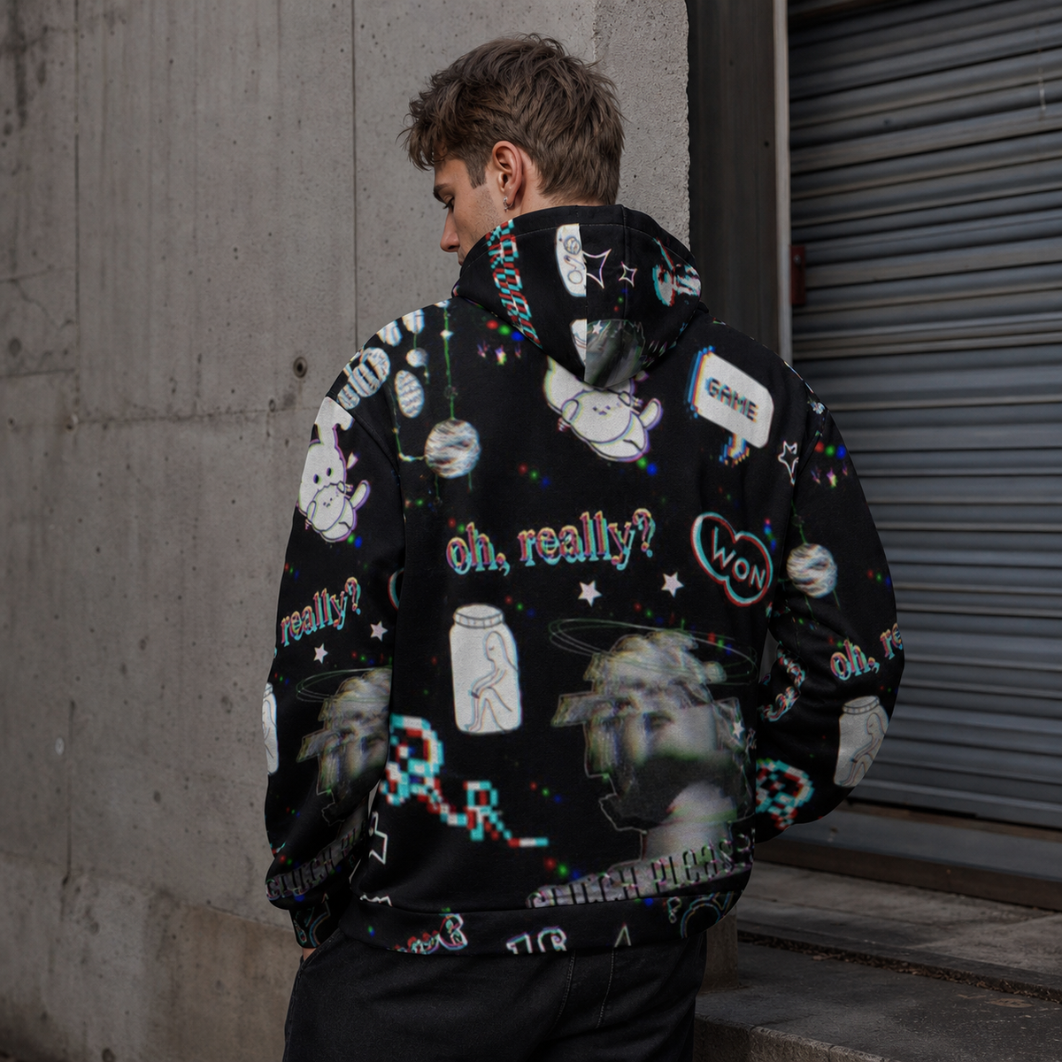 Game Over Hoodie von NiZED mit Glitch-Alloverprint am männlichen Model – KI-generierte Darstellung