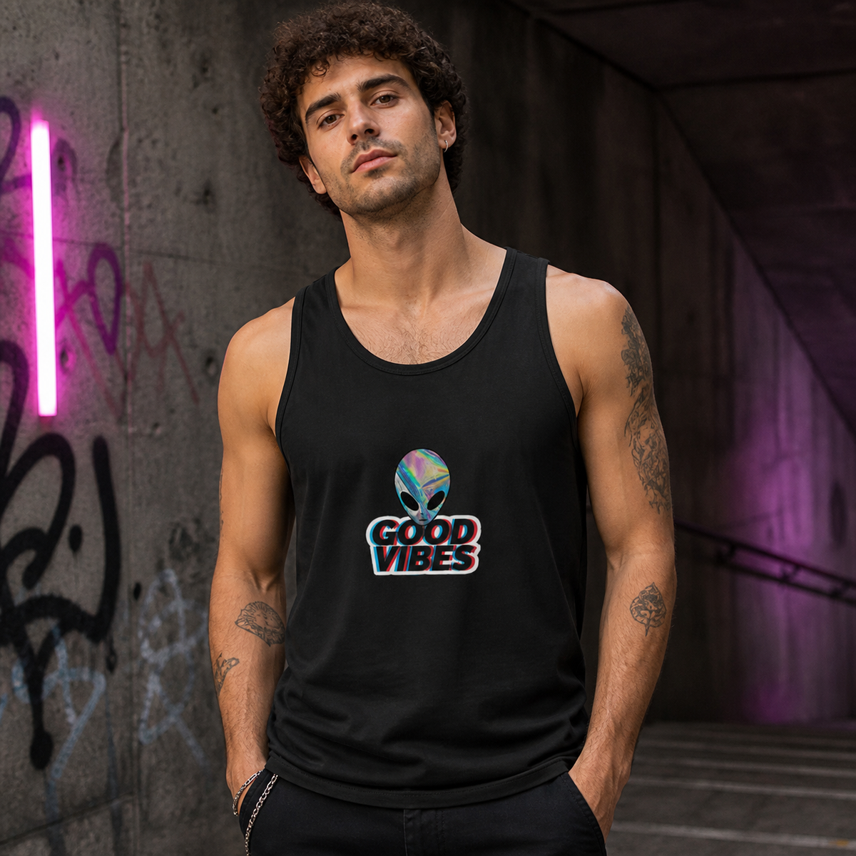 Good Vibes Tank Top Modellansicht - KI-generierte Darstellung