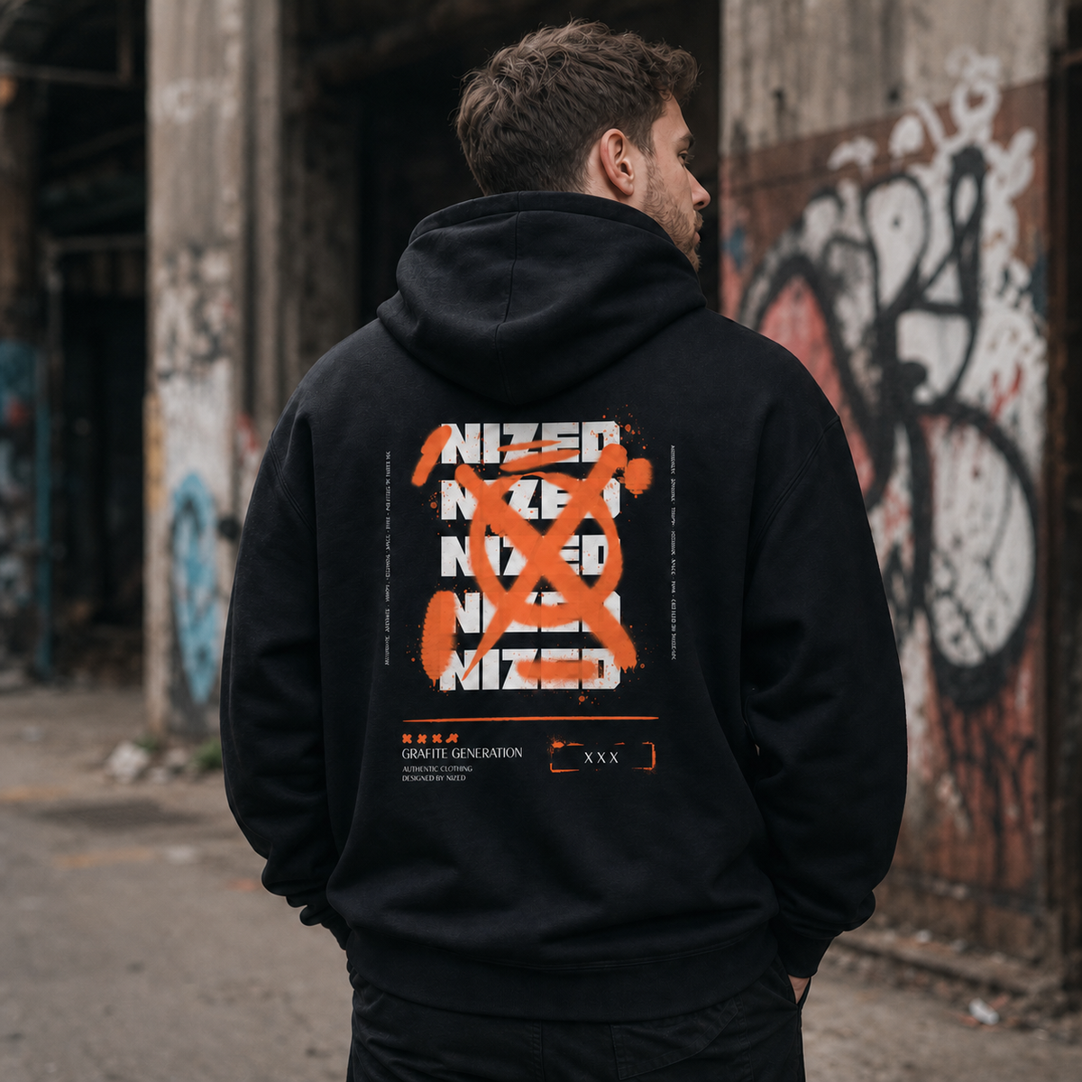 Graffiti Culture Hoodie von NiZED mit orange-weißem Rückenprint am männlichen Model – KI-generierte Darstellung