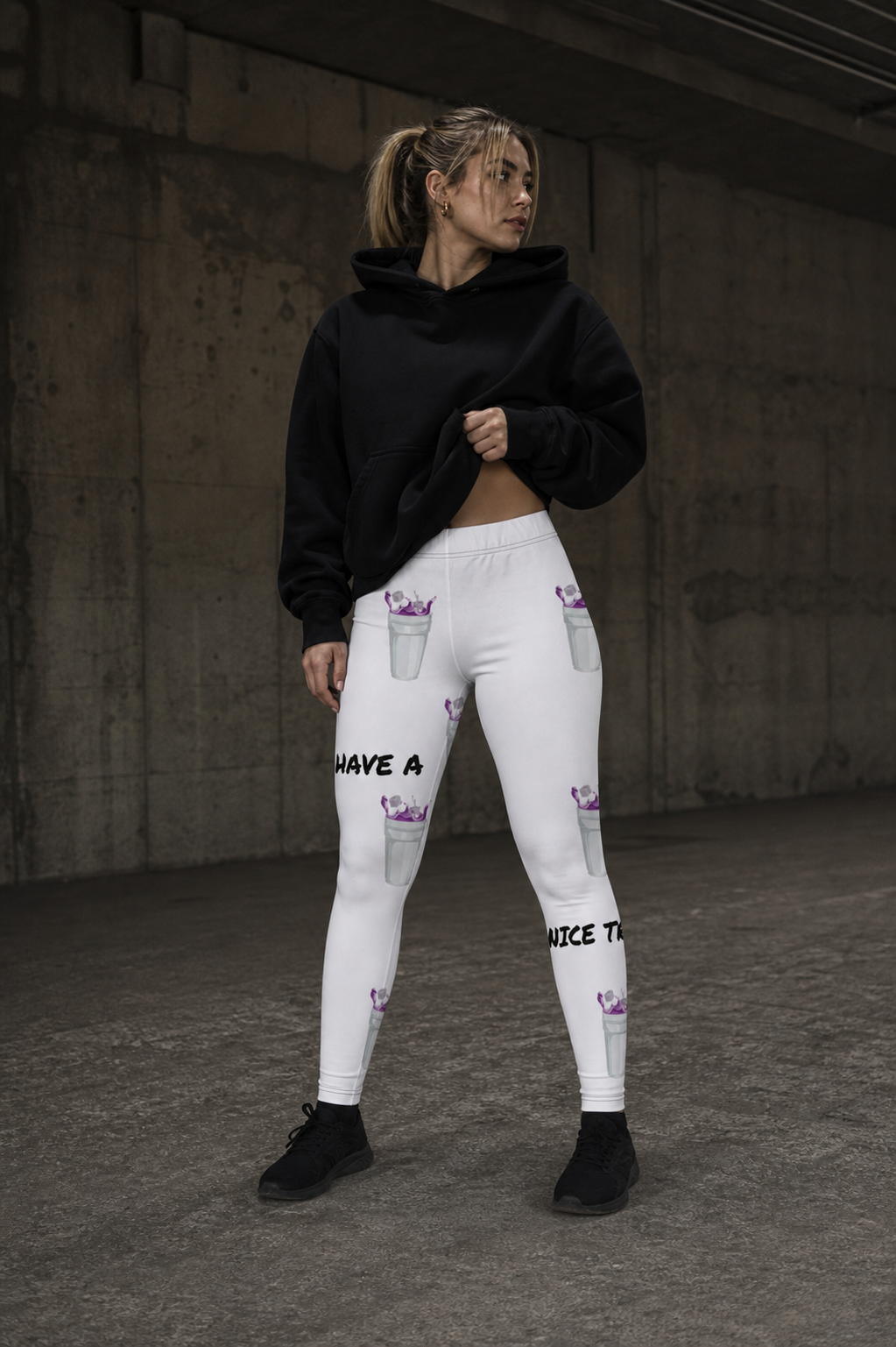 Have A Nice Trip Leggings am weiblichen Modell - KI-generierte Darstellung