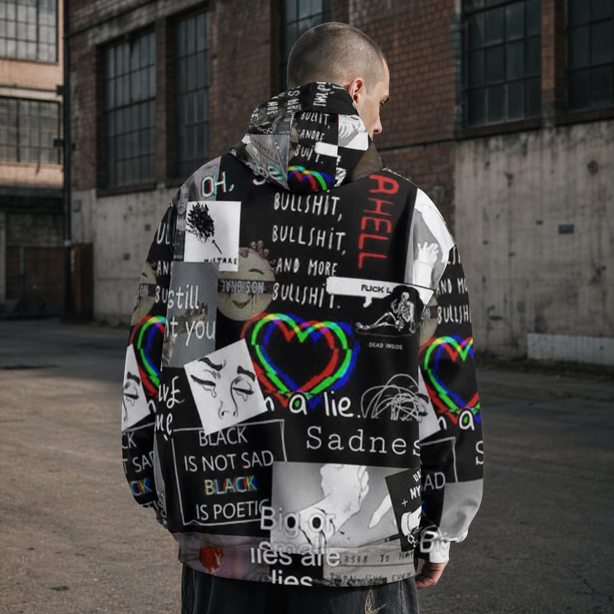 Heart Broker Hoodie von NiZED mit schwarzem Collage-Alloverprint am männlichen Model – KI-generierte Darstellung