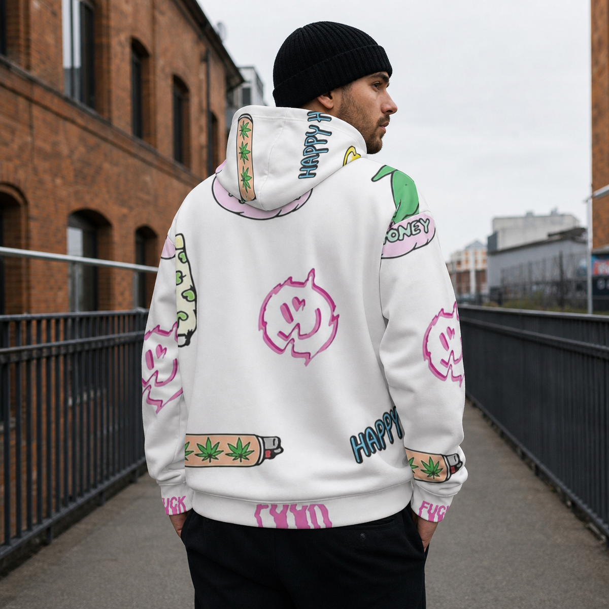 Hepi Graphic Hoodie von NiZED mit weißem Illustrations-Alloverprint am männlichen Model – KI-generierte Darstellung