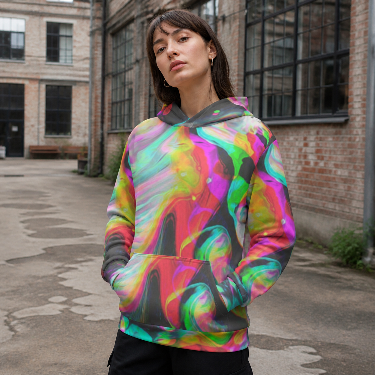 Hillus Graphic Hoodie von NiZED mit psychedelischem Alloverprint am weiblichen Model – KI-generierte Darstellung