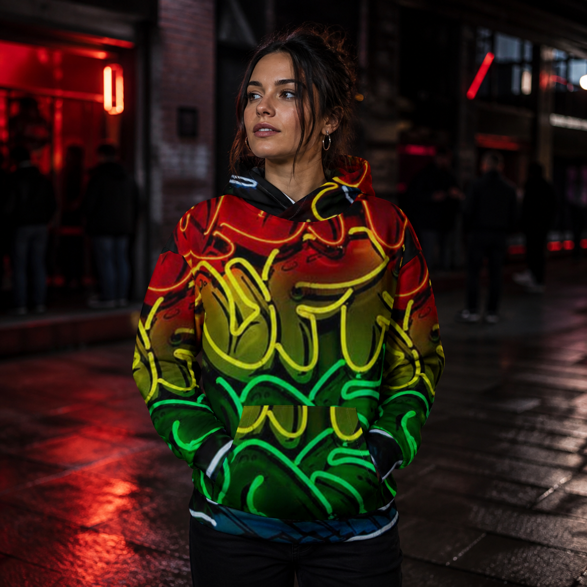 Holy Graphic Hoodie von NiZED mit Neon-Alloverprint am weiblichen Model – KI-generierte Darstellung