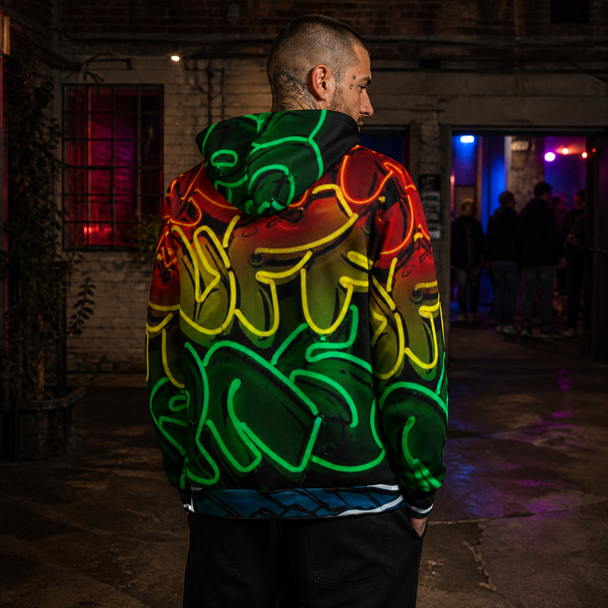 Holy Graphic Hoodie von NiZED mit Neon-Alloverprint am männlichen Model – KI-generierte Darstellung