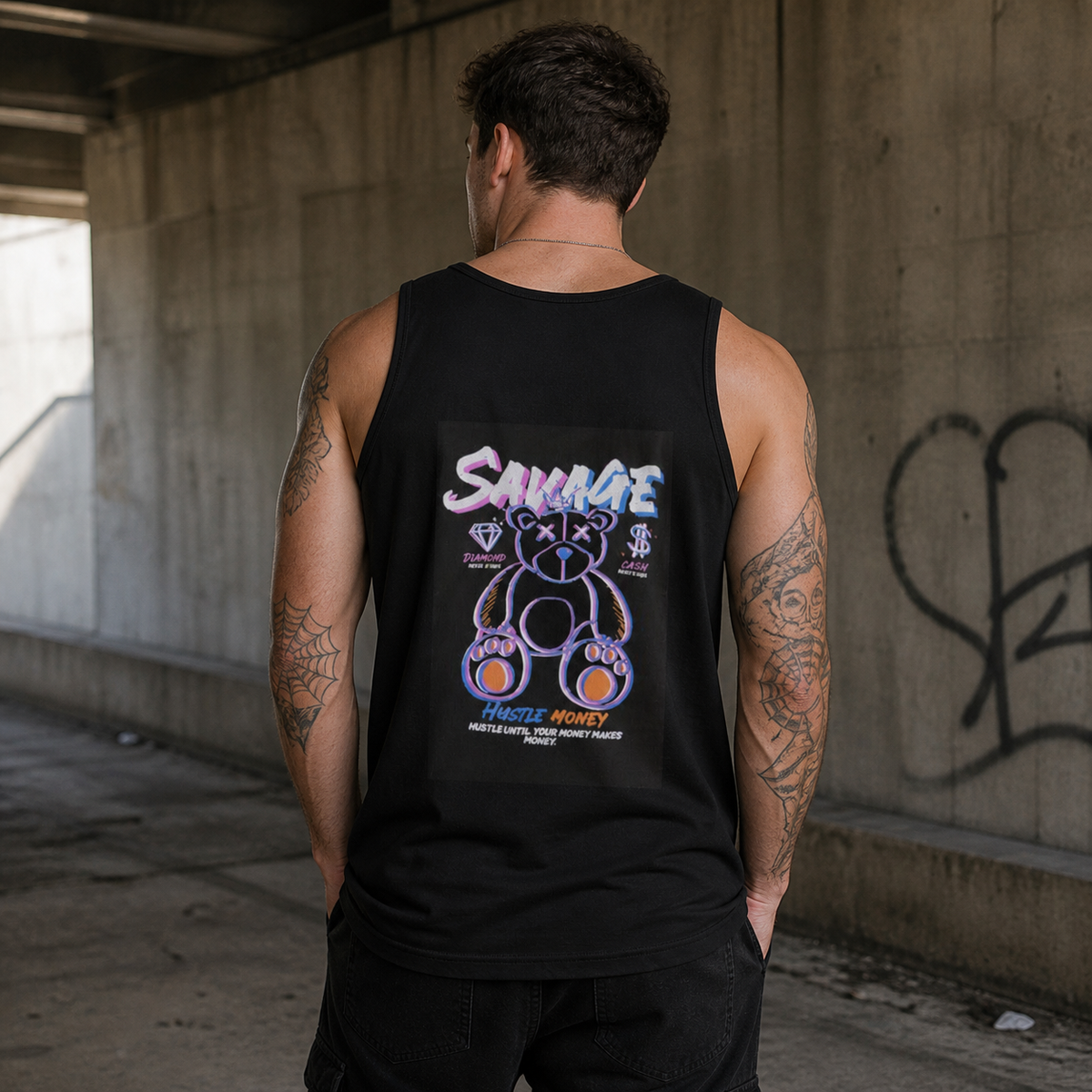 Hustle Money Tank Top Modellansicht - KI-generierte Darstellung
