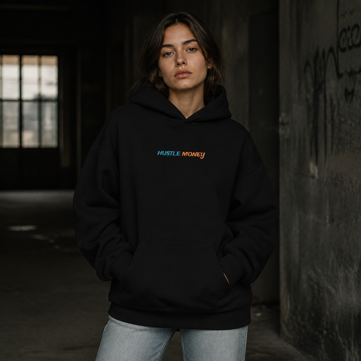 Hustle Money Graphic Hoodie Design 2 von NiZED mit Frontschriftzug am weiblichen Model – KI-generierte Darstellung