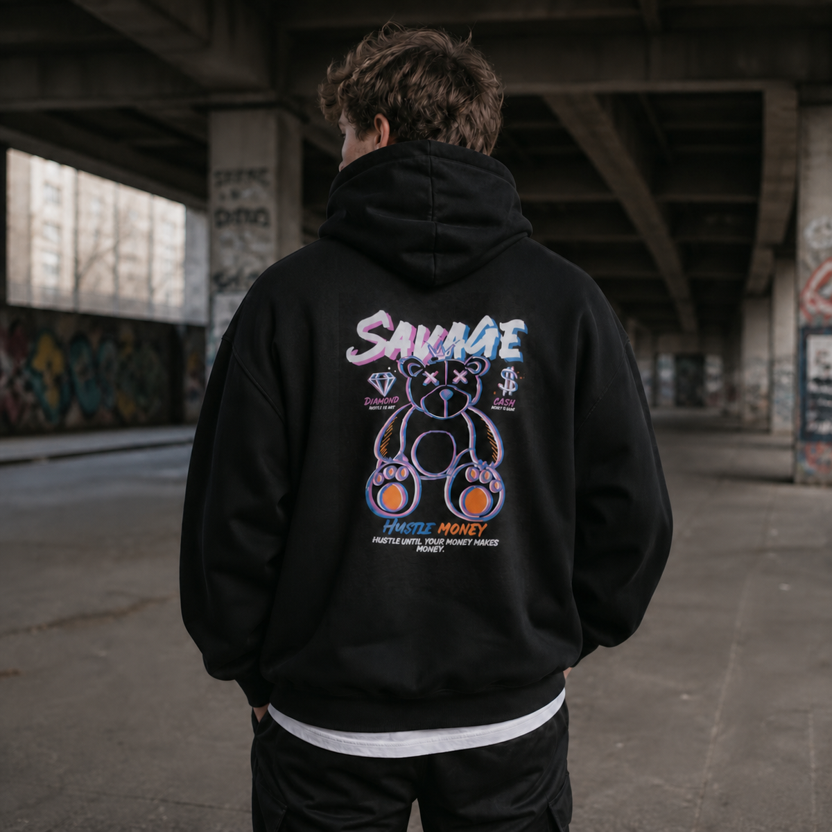 Hustle Money Graphic Hoodie Design 2 von NiZED mit Teddy Rückenprint am männlichen Model – KI-generierte Darstellung
