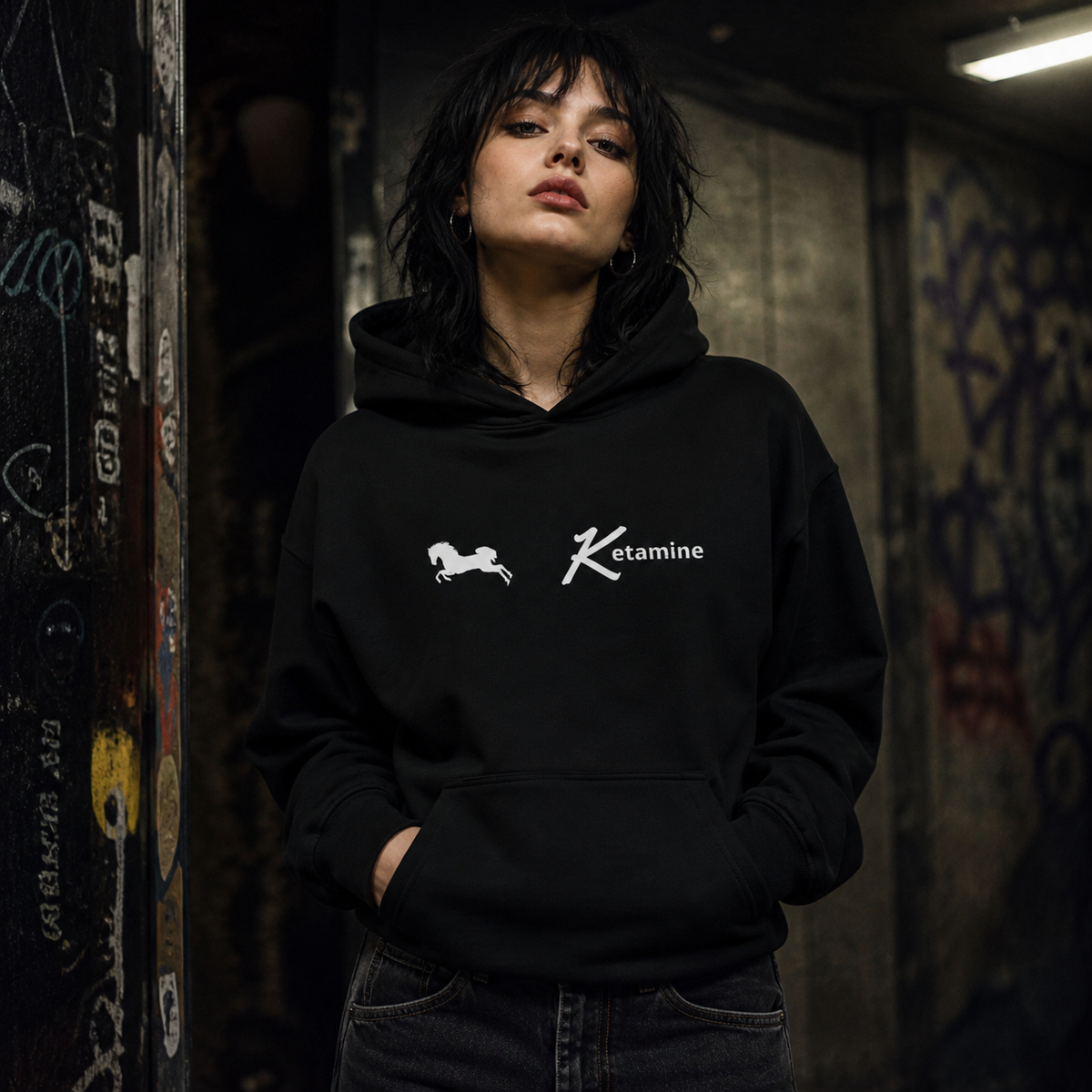Ketamine Graphic Hoodie an weiblichem Model mit authentischem weißem DTG-Brustprint – KI-generierte Darstellung