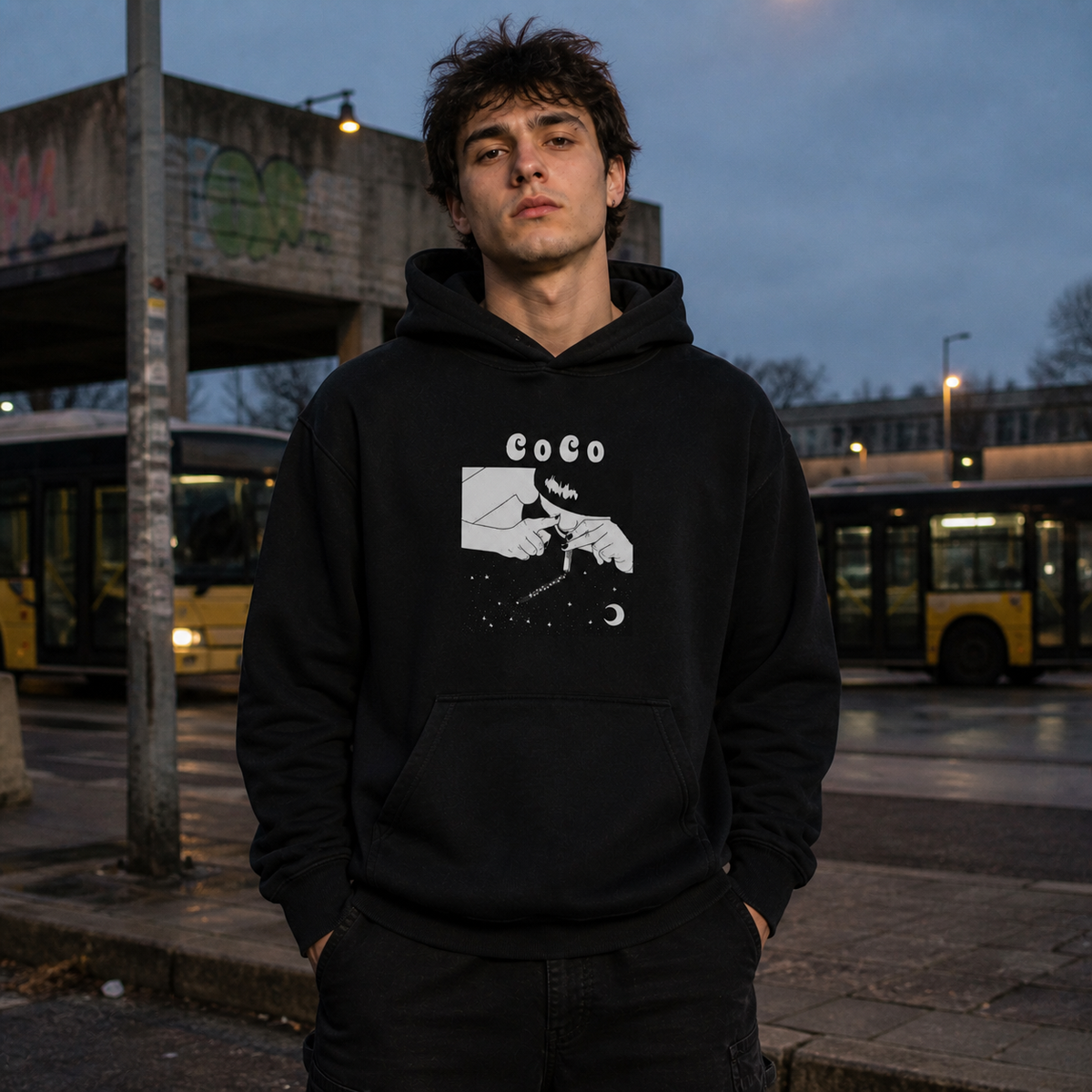 La Noche Graphic Hoodie am männlichen Model mit Frontprint an Berliner Nachtbus-Kulisse – KI-generierte Darstellung