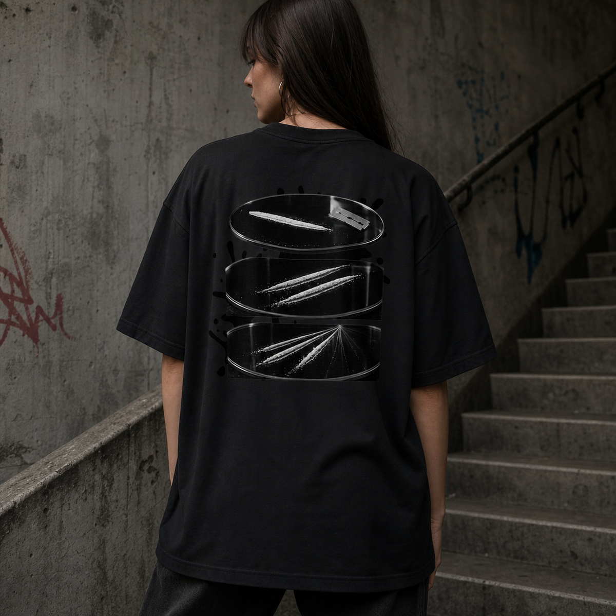 LINE OF SIGHT Oversized T-Shirt am weiblichen Model, Rückenprint – KI-generierte Darstellung