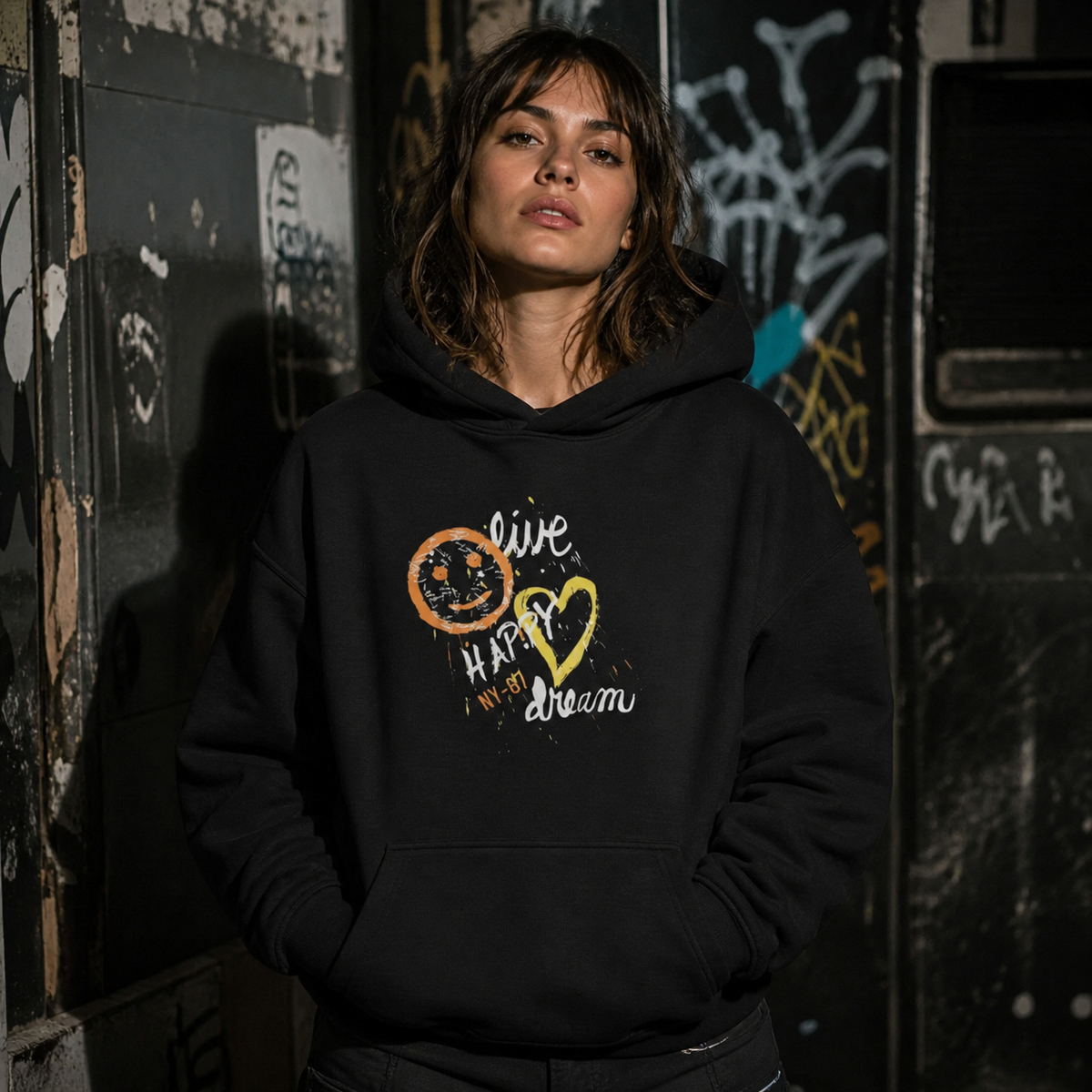 Live Happy Hoodie von NiZED am weiblichen Model, Vorderansicht mit integriertem Grafikprint – KI-generierte Darstellung