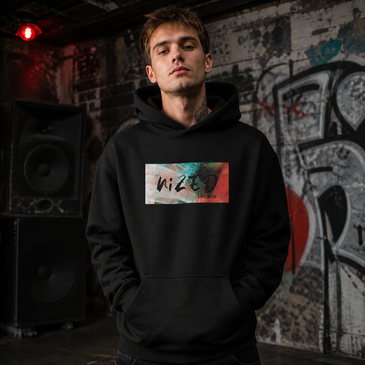 London Graphic Hoodie Design 2 von NiZED am männlichen Model mit integriertem Frontprint – KI-generierte Darstellung