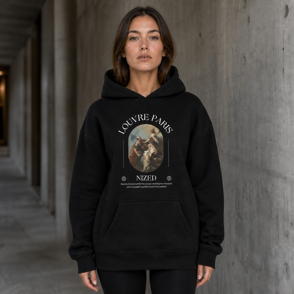 Louvre Paris Graphic Hoodie Design 2 von NiZED am weiblichen Model mit integriertem Frontprint – KI-generierte Darstellung