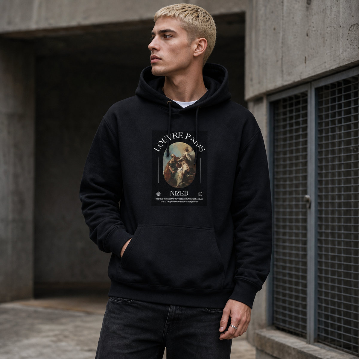 Louvre Paris Graphic Hoodie Design 2 von NiZED am männlichen Model mit integriertem Frontprint – KI-generierte Darstellung