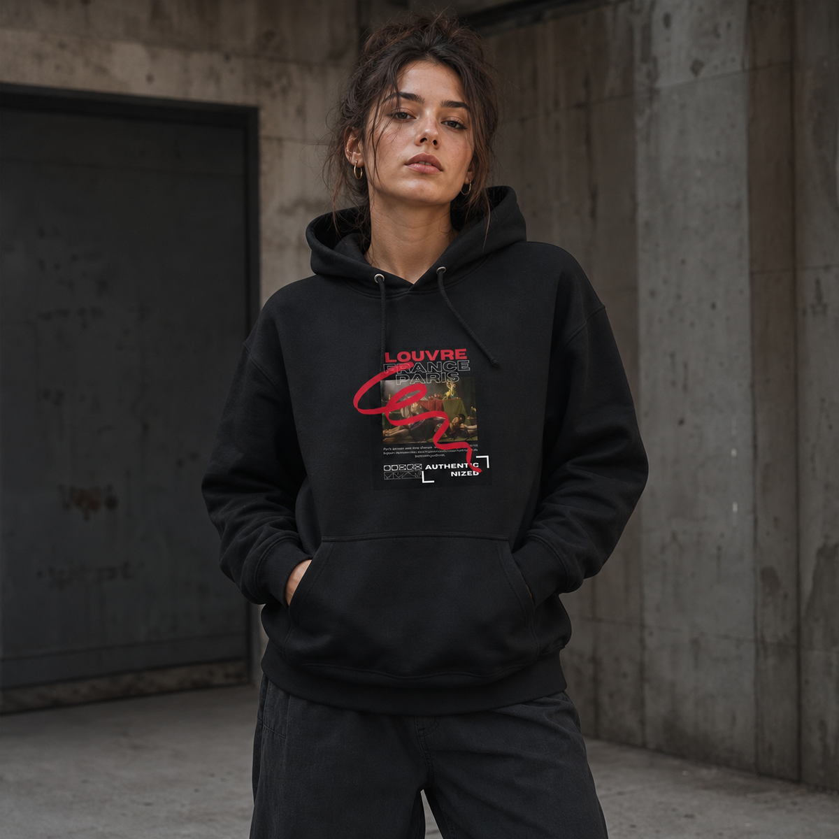Louvre Paris Graphic Hoodie von NiZED am weiblichen Model, Vorderansicht mit realistischem DTG-Print – KI-generierte Darstellung