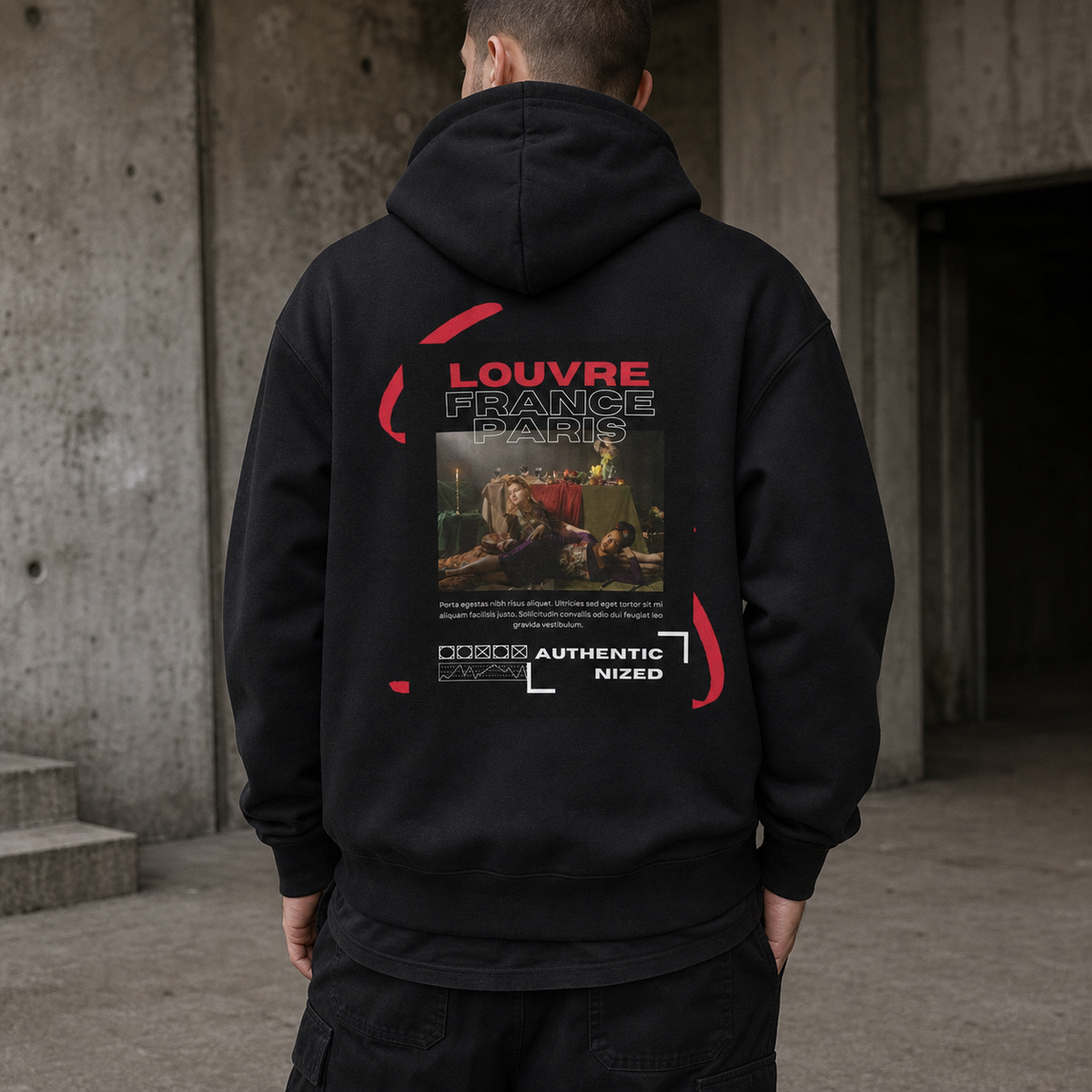 Louvre Paris Graphic Hoodie von NiZED am männlichen Model, Rückansicht mit realistischem DTG-Print – KI-generierte Darstellung
