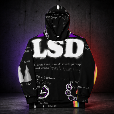 LSD Graphic Hoodie im dunklen Betonraum mit atmosphärischer farbiger Hintergrundbeleuchtung