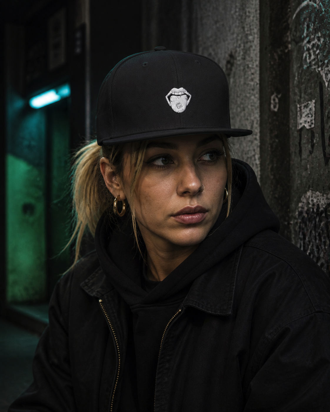 Acid trip Snapbackcap Cap an weiblichem Model – KI-generierte Darstellung