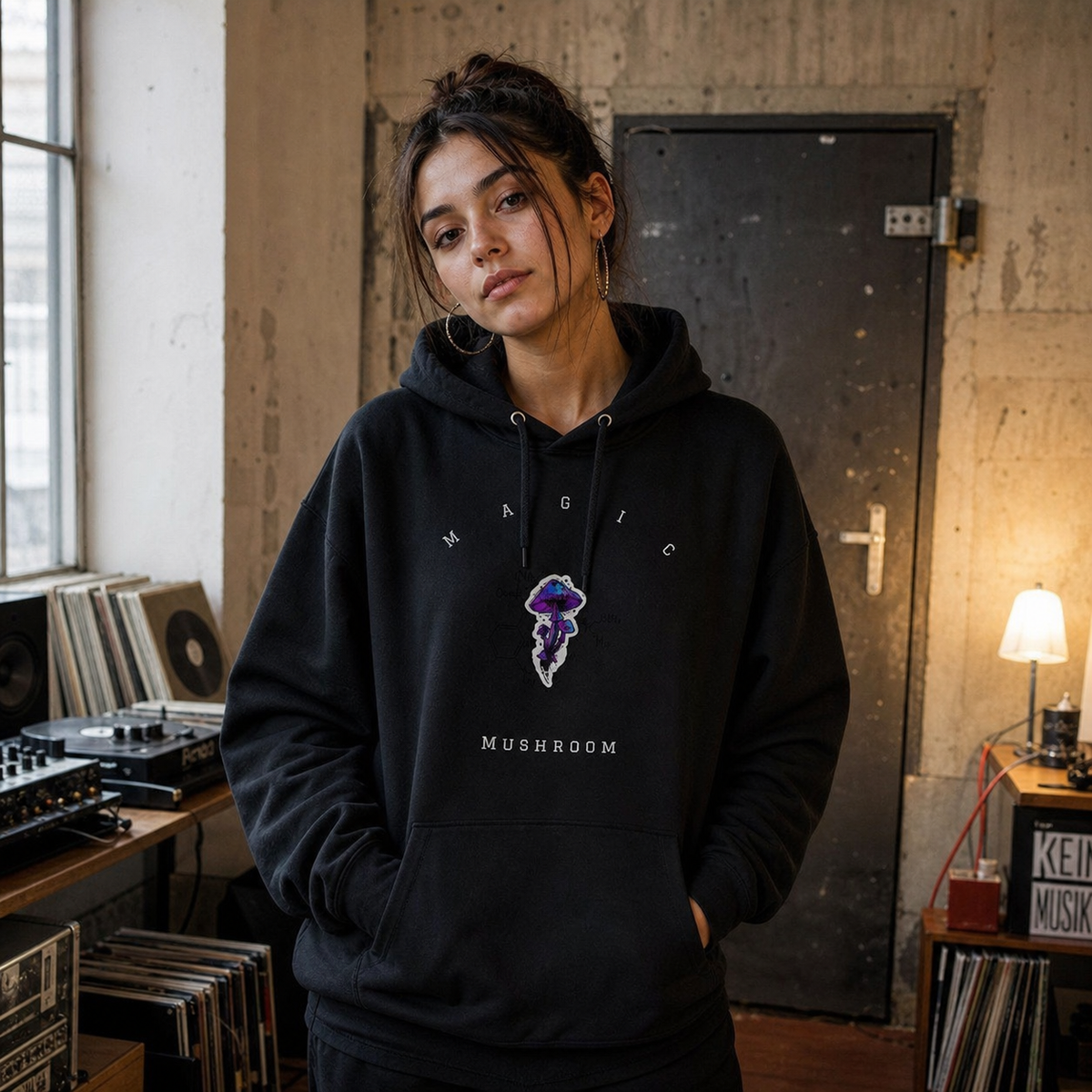 Magic Mushroom Hoodie am weiblichen Model mit Frontprint in einem Berliner DJ-Proberaum – KI-generierte Darstellung