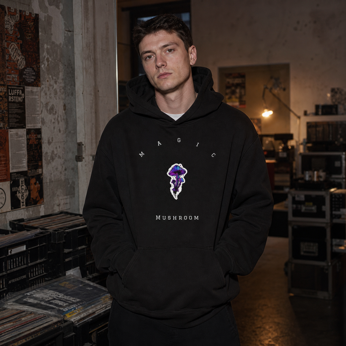 Magic Mushroom Hoodie am männlichen Model mit Frontprint in einem Berliner Plattenladen – KI-generierte Darstellung