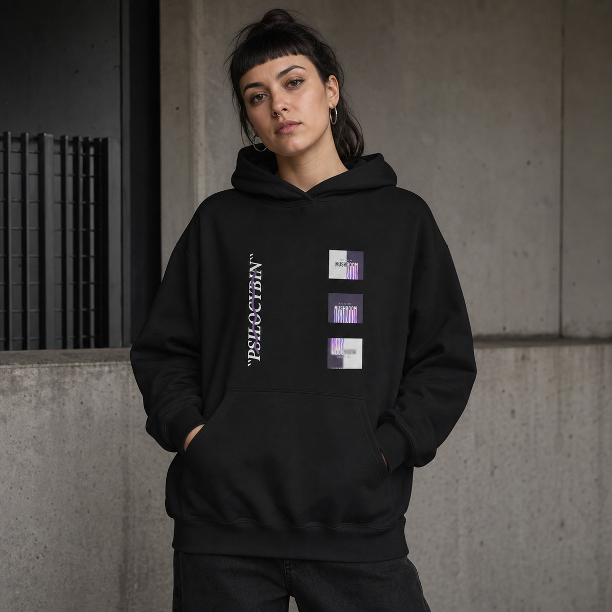 Magic Psilocybin Hoodie von NiZED am weiblichen Model mit realistischem DTG-Frontprint – KI-generierte Darstellung
