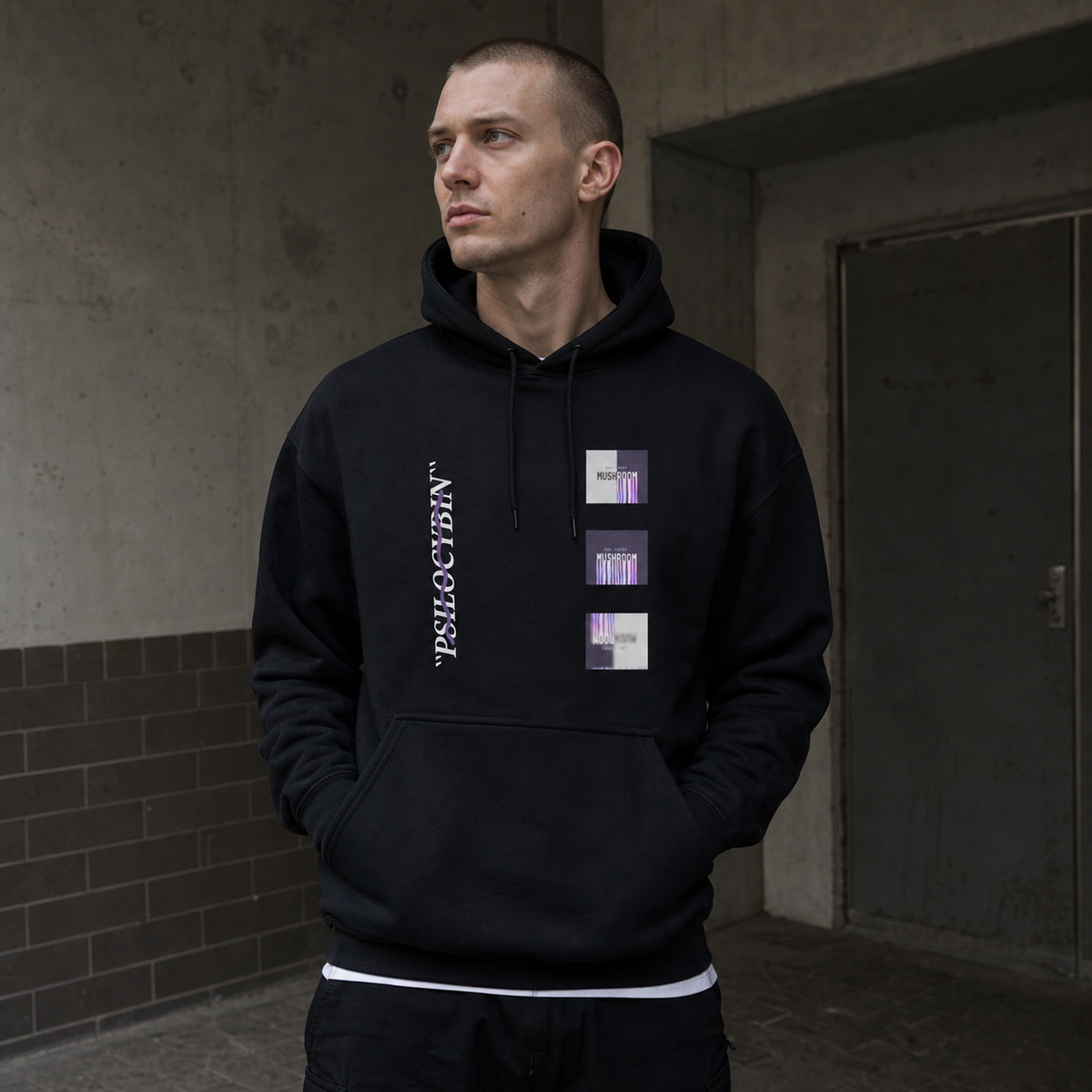 Magic Psilocybin Hoodie von NiZED am männlichen Model mit realistischem DTG-Frontprint – KI-generierte Darstellung