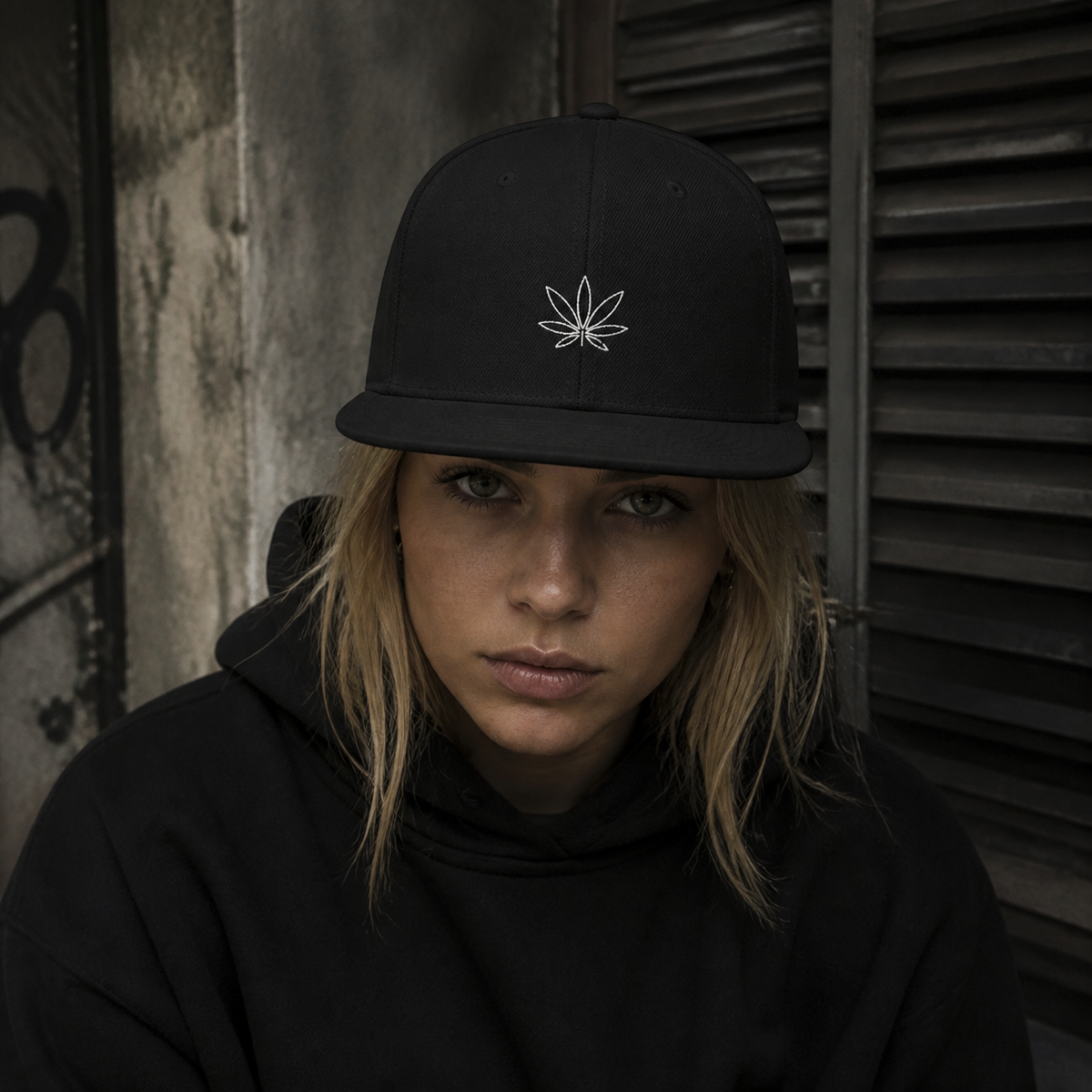 Marihuanna Snapbackcap Cap an weiblichem Model – KI-generierte Darstellung