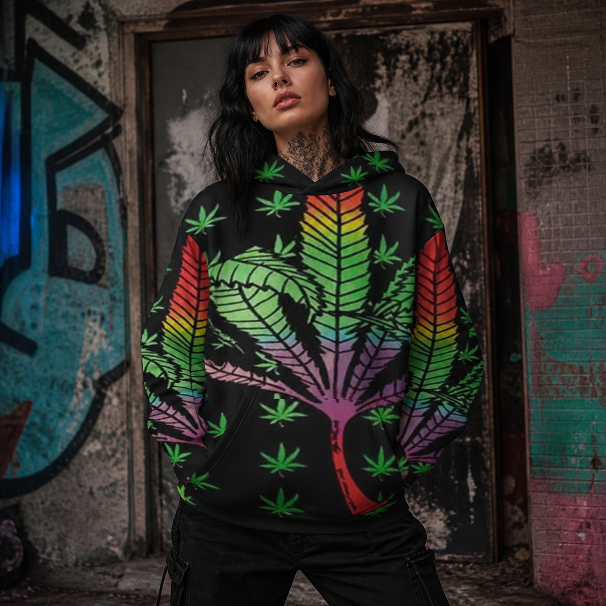 Marry Jane Hoodie von NiZED am weiblichen Model, Vorderansicht mit farbigem Alloverprint – KI-generierte Darstellung