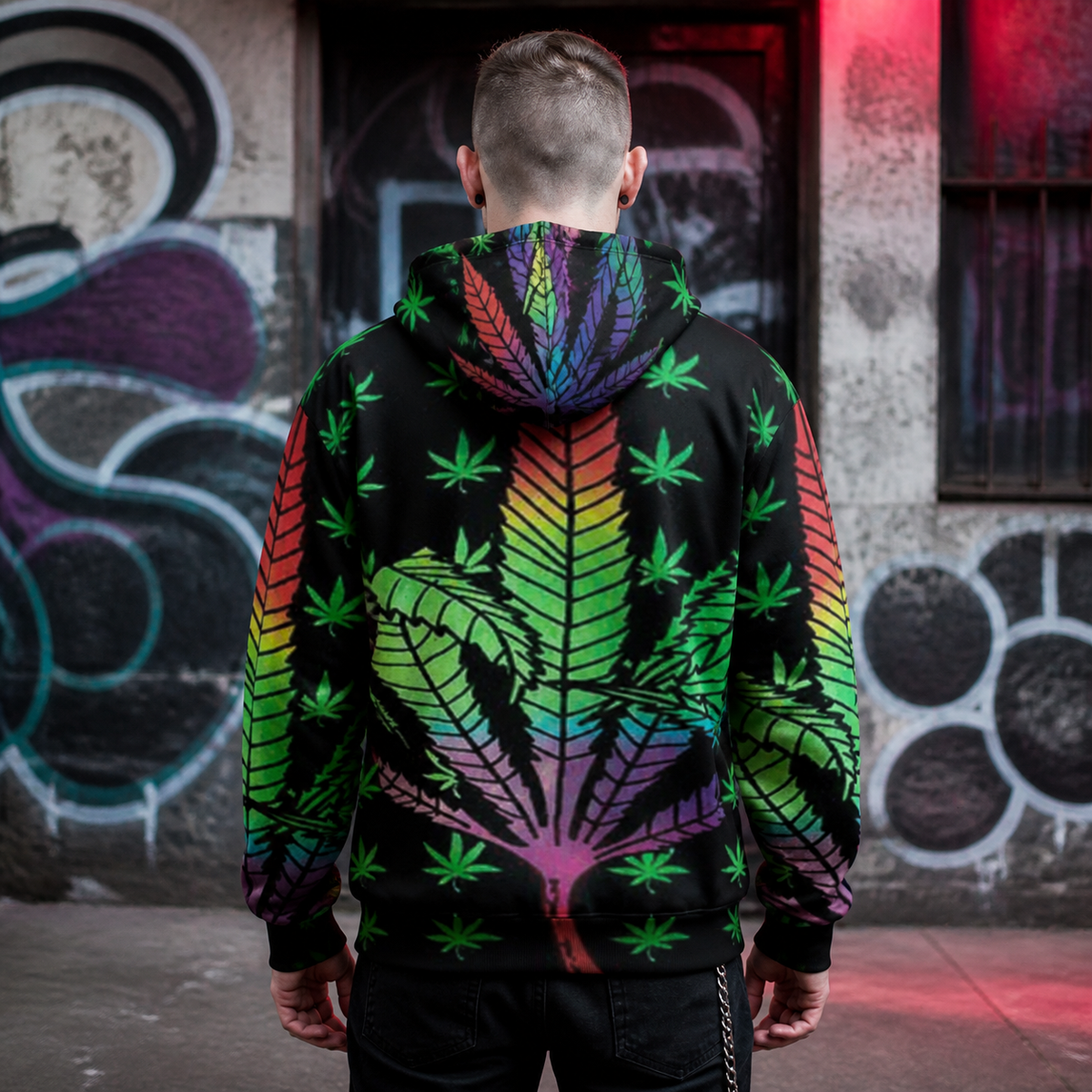 Marry Jane Hoodie von NiZED am männlichen Model, Rückansicht mit farbigem Alloverprint – KI-generierte Darstellung