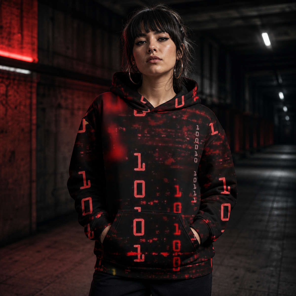 Matrix Graphic Hoodie von NiZED am weiblichen Model, Vorderansicht mit rotem Binary-Alloverprint – KI-generierte Darstellung