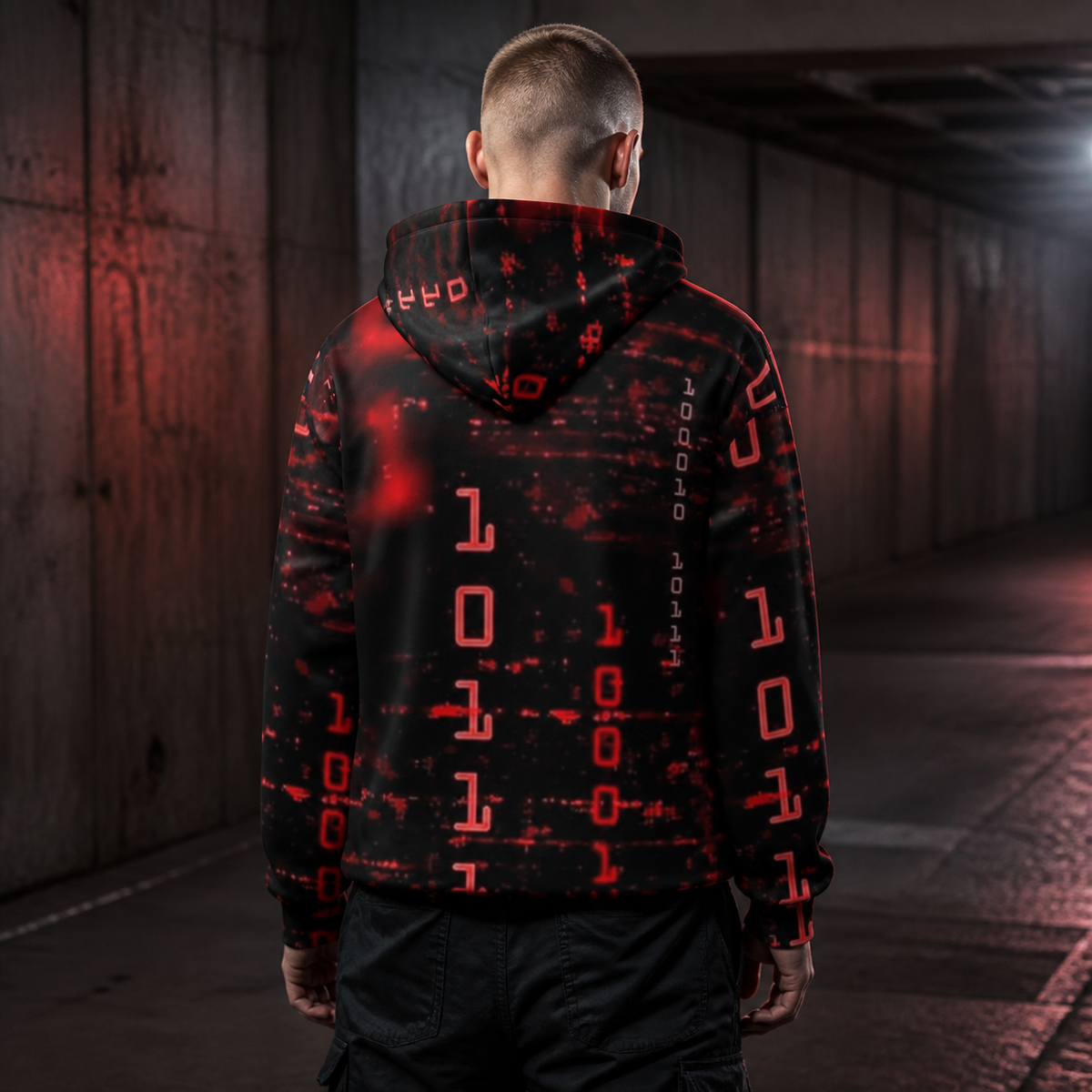 Matrix Graphic Hoodie von NiZED am männlichen Model, Rückansicht mit rotem Binary-Alloverprint – KI-generierte Darstellung