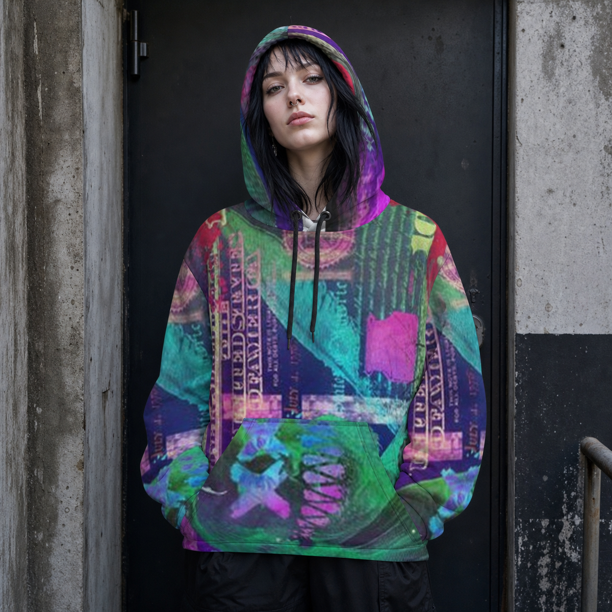 Weibliches Model im Metaverse Graphic Hoodie von NiZED mit farbigem Allover-Print, Vorderansicht – KI-generierte Darstellung