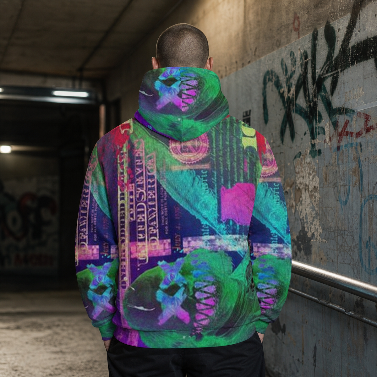 Männliches Model im Metaverse Graphic Hoodie von NiZED mit farbigem Allover-Print, Rückansicht – KI-generierte Darstellung