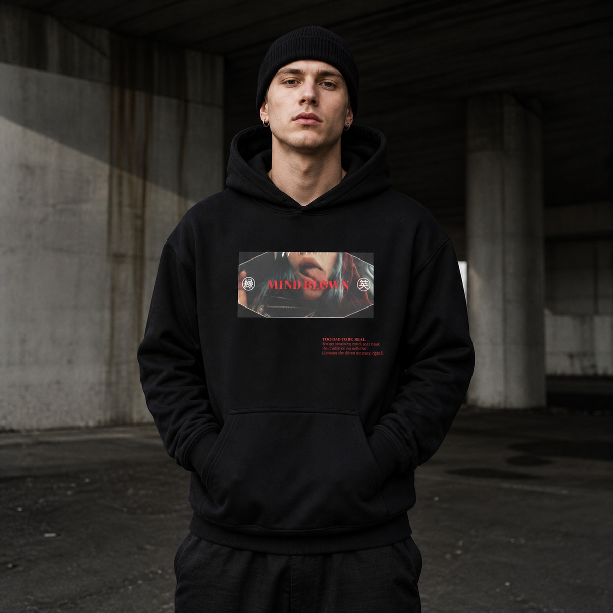 Männliches Model im schwarzen Mind Blow Hoodie von NiZED mit mattem DTG-Frontprint – KI-generierte Darstellung