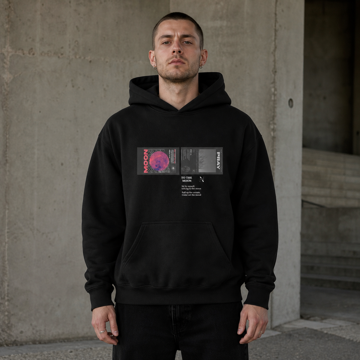 Männliches Model im schwarzen Moon Graphic Hoodie von NiZED mit mattem Editorial-Frontprint – KI-generierte Darstellung