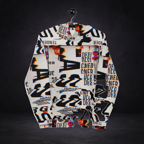 20xx Graphic Hoodie von NiZED in mehrfarbig, Vorderansicht mit typografischem All-over-Print vor dunklem Hintergrund