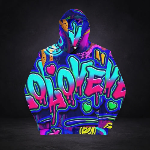 Abstract Love Hoodie von NiZED, Vorderansicht mit farbigem All-over-Graffiti-Print vor dunklem Hintergrund