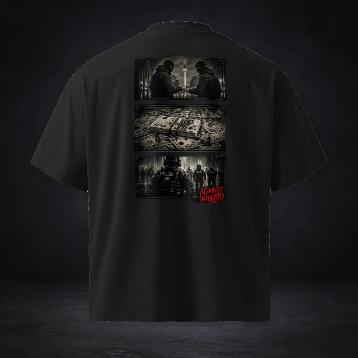 Against Authority x Anarchie Oversized Tshirt von NiZED, Vorderansicht mit Designprint vor dunklem Betonhintergrund