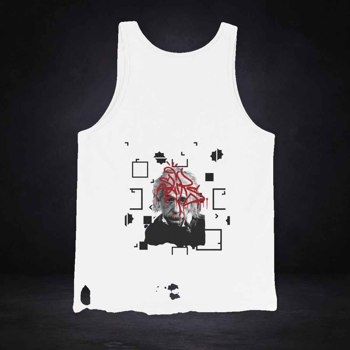 Albert Einstein Tank Top von NiZED, Vorderansicht mit Designprint vor dunklem Betonhintergrund