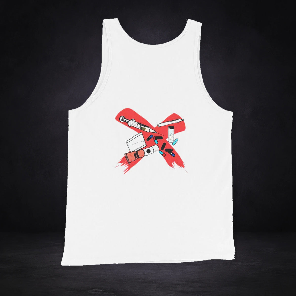 All Drugs Tank Top von NiZED, Rückansicht mit Designprint vor dunklem Betonhintergrund
