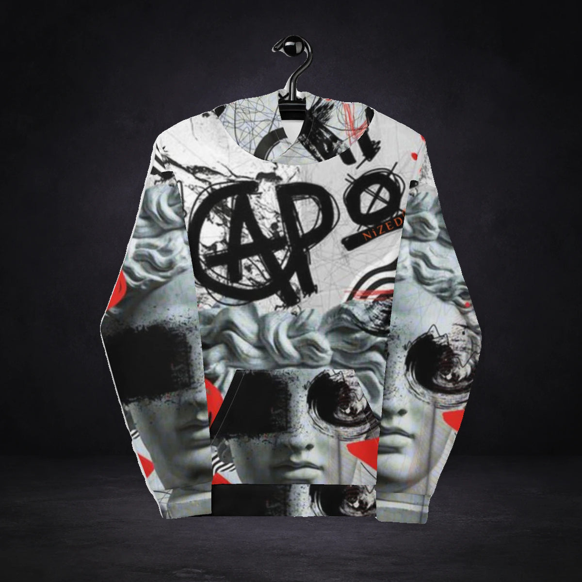 Antique Art Hoodie von NiZED in mehrfarbig, Vorderansicht mit Antique-Art-All-over-Print vor dunklem Hintergrund