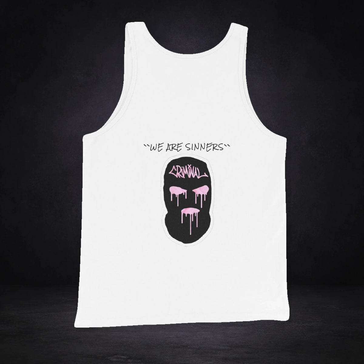 Are Sinners Tank Top von NiZED, Rückansicht mit Designprint vor dunklem Betonhintergrund