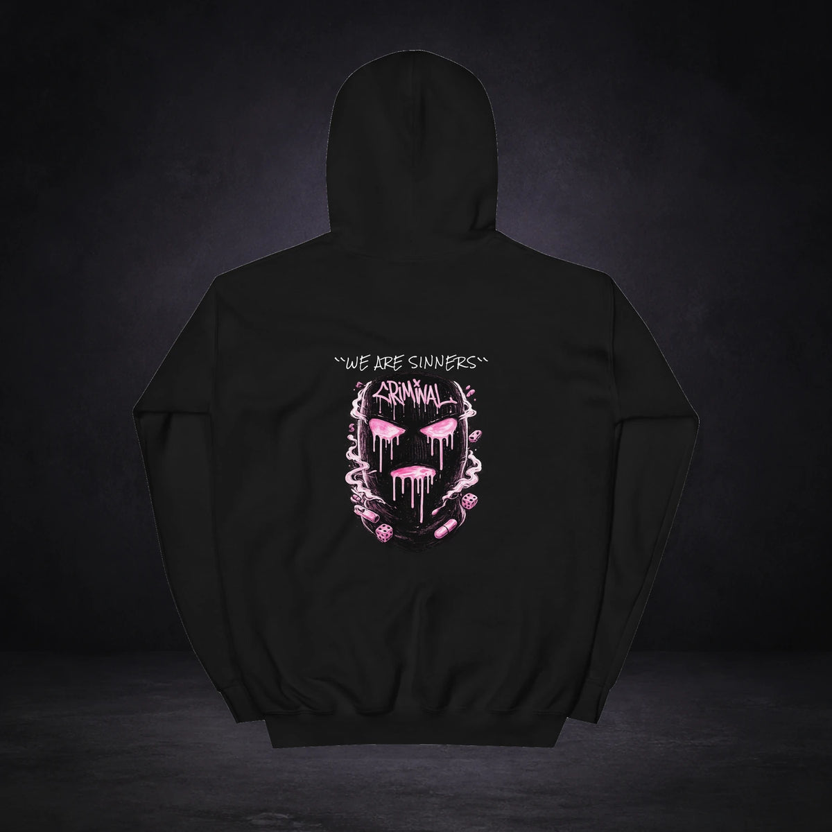 We Are Sinners Hoodie von NiZED, Rückansicht mit Designprint vor dunklem Betonhintergrund