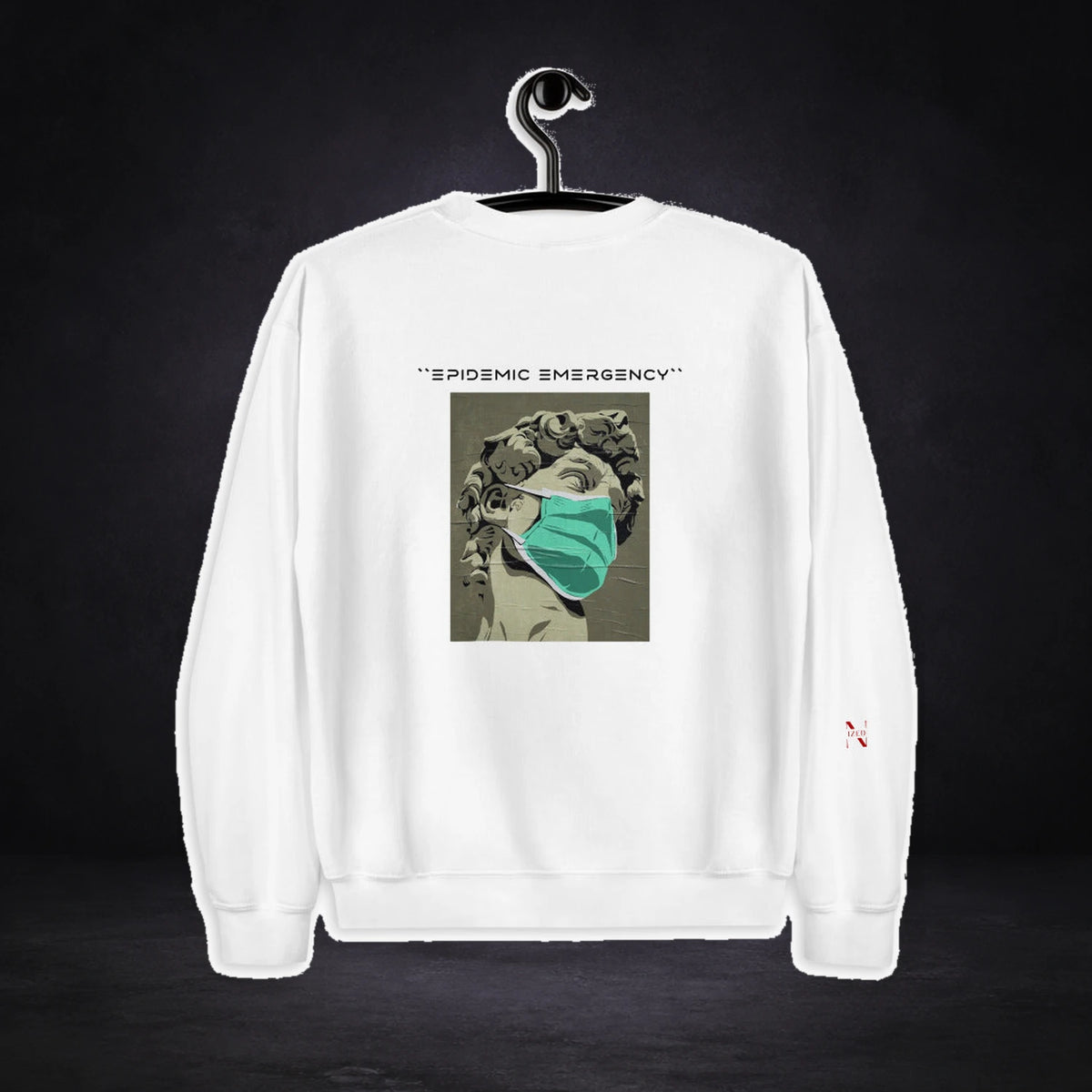 Quarantine Art Sweater von NiZED, Rückansicht mit Designprint vor dunklem Betonhintergrund