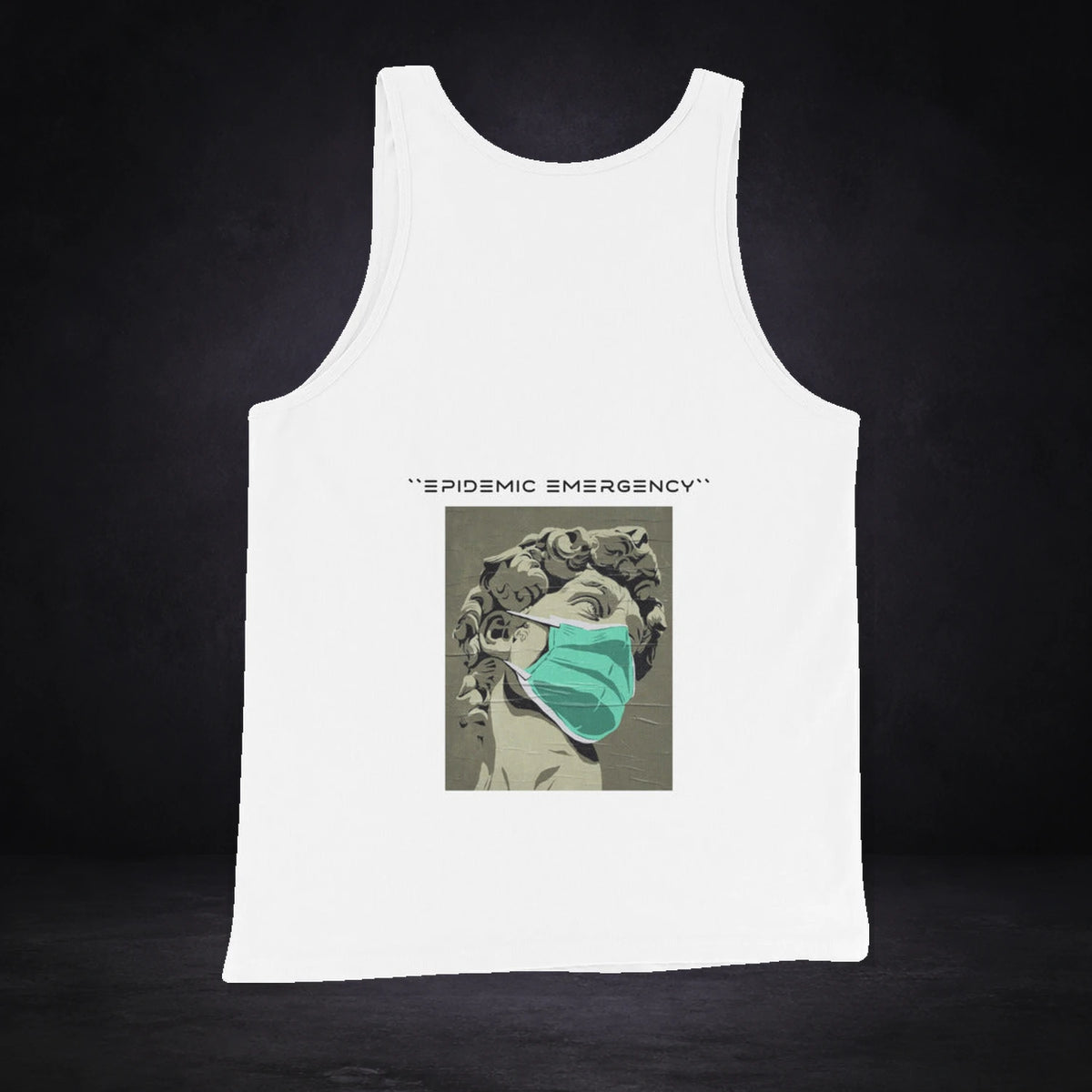 Art Quarantine Tank Top von NiZED, Rückansicht mit Designprint vor dunklem Betonhintergrund